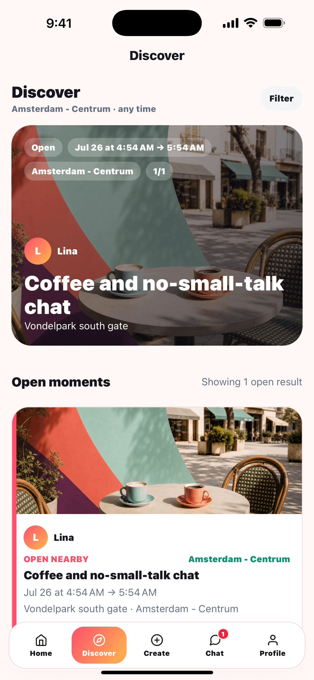 Sosiale Moments discovery screen showing a nearby coffee conversation