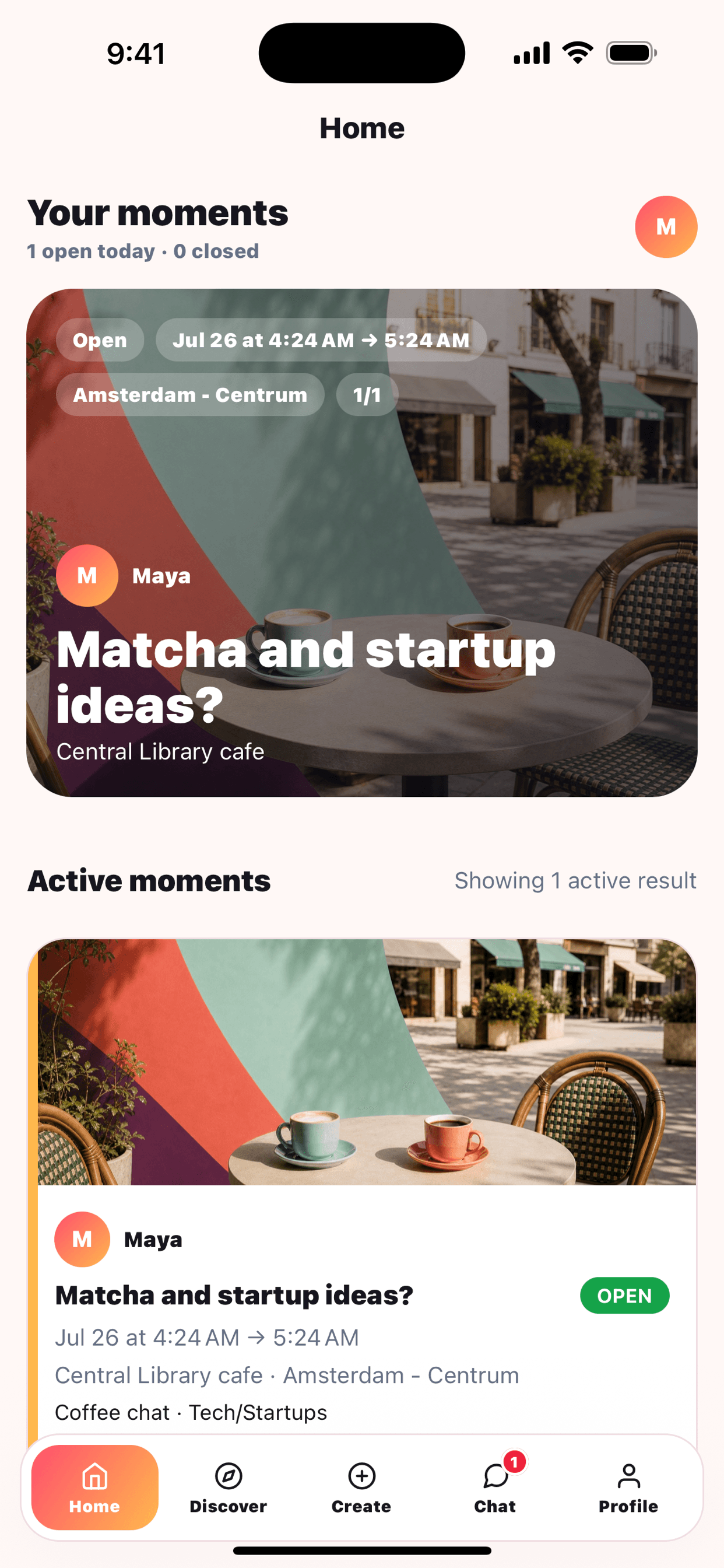 Sosiale Moments home screen with an active moment